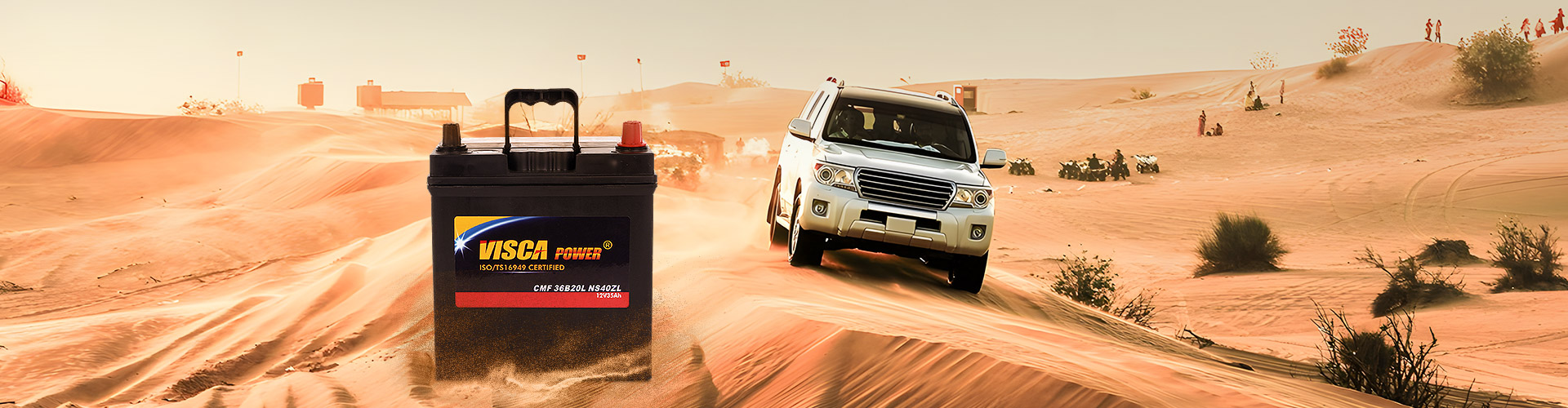 JUJIANG POWER battery beside car in desert, showcasing extreme condition performance